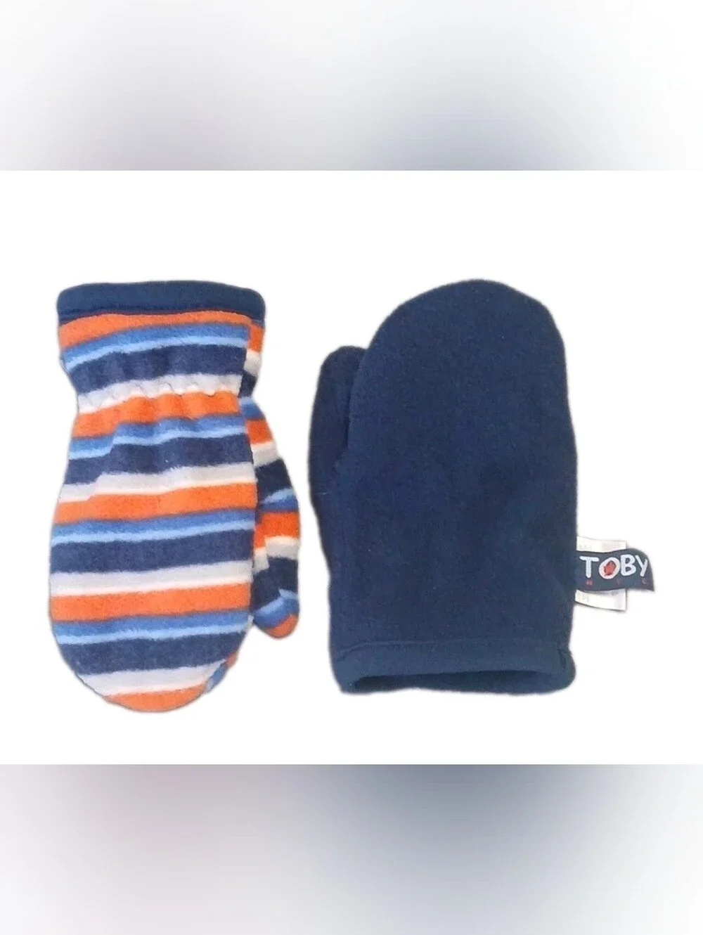Toby NYC Infant Toddler Hat and Mittens Set Navy Stripes Double Layer Fleece